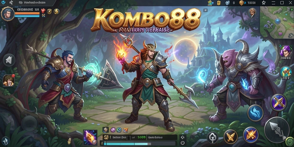 Screenshot gameplay KOMBO88 menampilkan pertarungan epik di dunia fantasi.