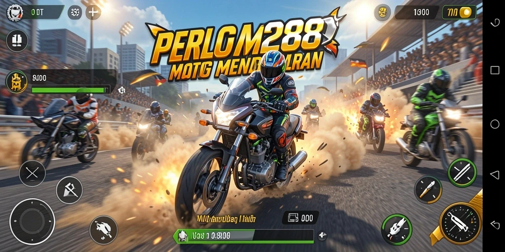 Screenshot MEGA288 menampilkan aksi balapan motor yang seru dan cepat.