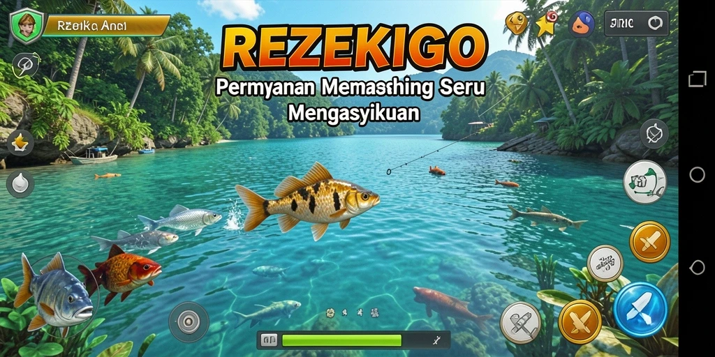 Tampilan gameplay REZEKIGO yang menampilkan aksi memancing seru.
